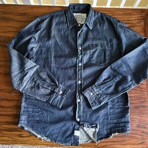 Frank & Eileen Men Luke Button Down Dark Denim Distressed Vintage Raw Hem Small